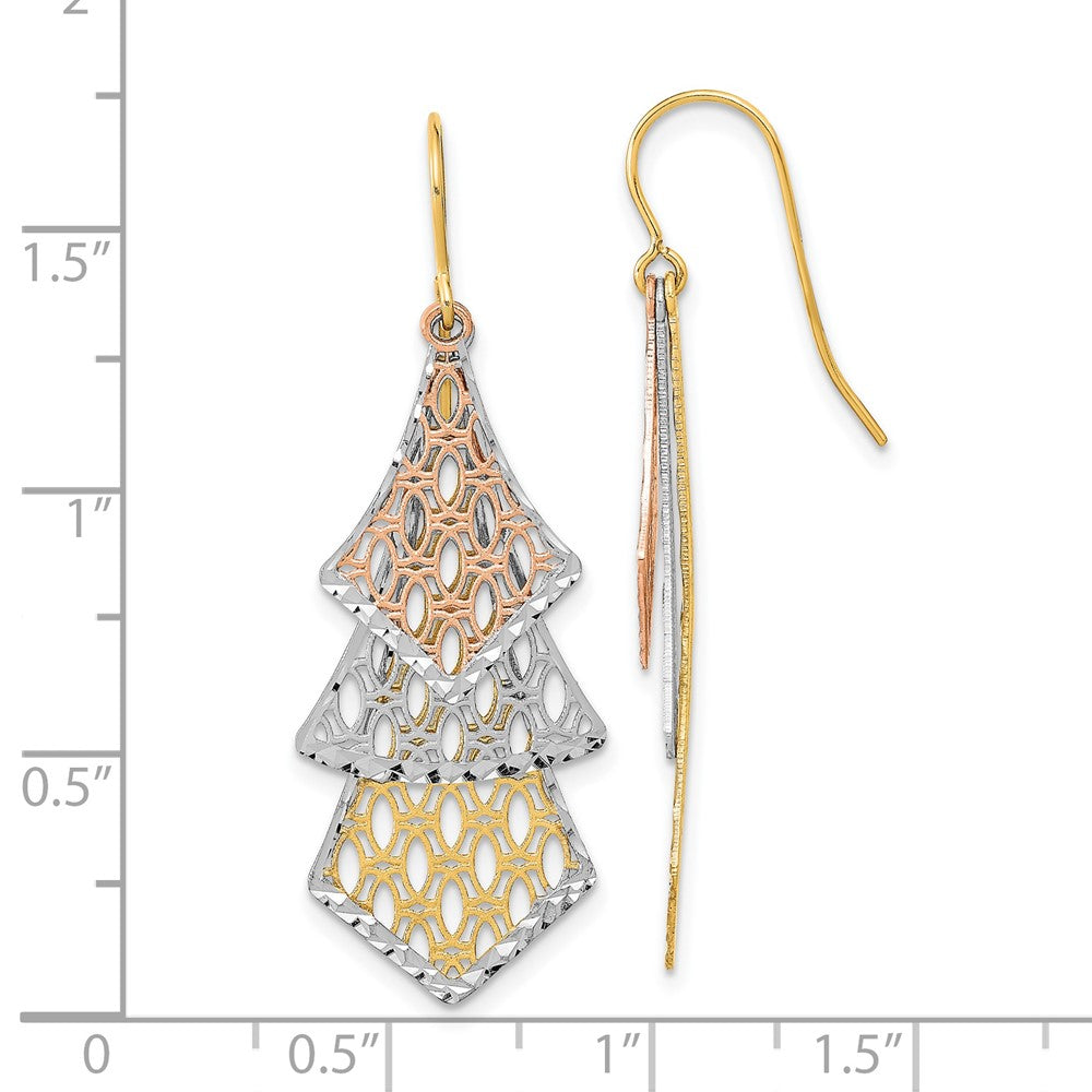 14K Tri-Color D/C Polished Filigree Dangle Earrings