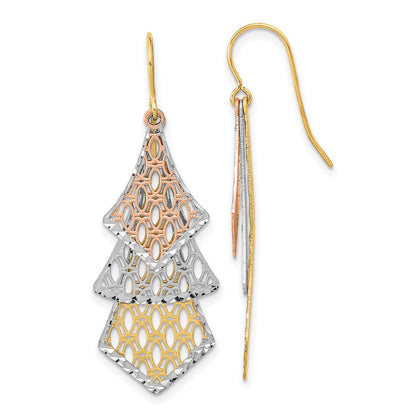 14K Tri-Color D/C Polished Filigree Dangle Earrings