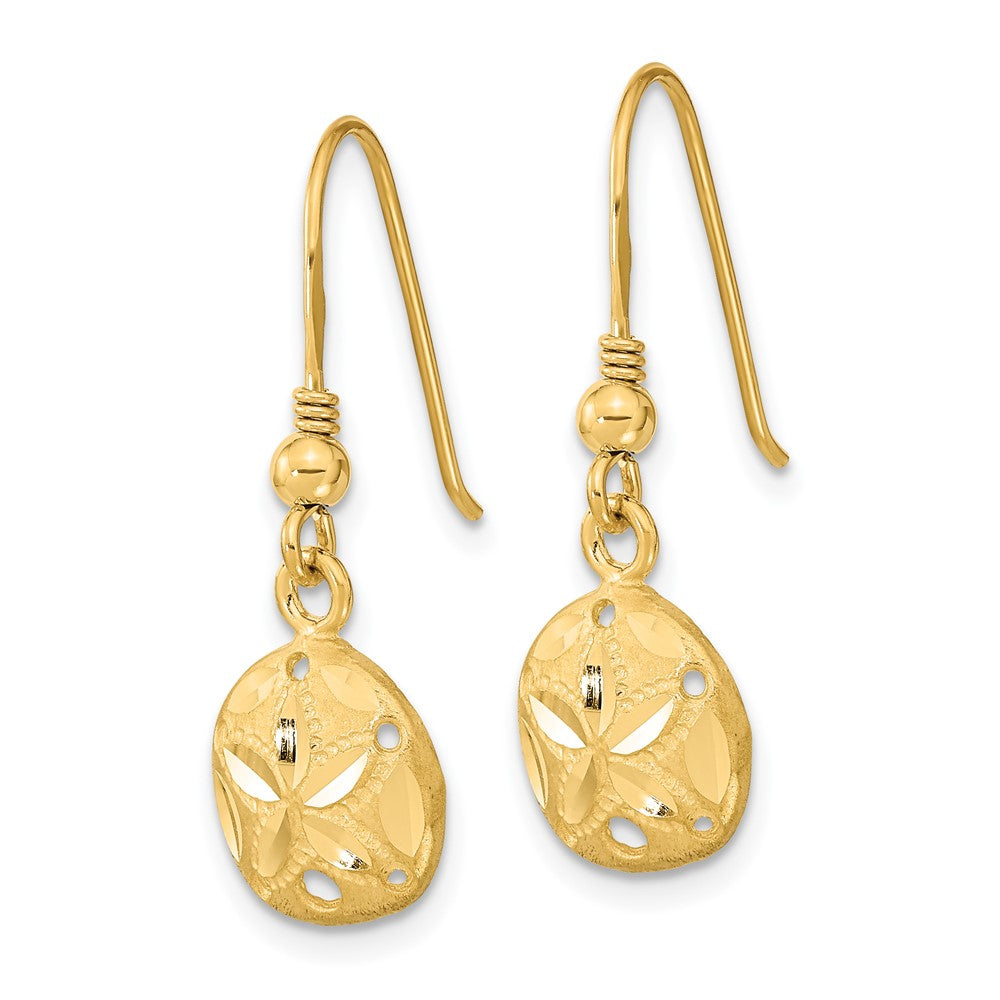 14K Yellow Gold Polished & Satin Diamond-Cut Sand Dollar Shepherd Hook Earrings