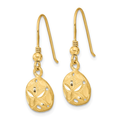 14K Yellow Gold Polished & Satin Diamond-Cut Sand Dollar Shepherd Hook Earrings
