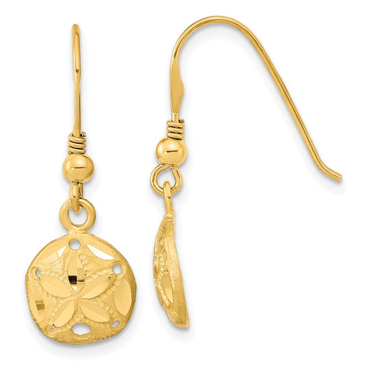 14K Yellow Gold Polished & Satin Diamond-Cut Sand Dollar Shepherd Hook Earrings
