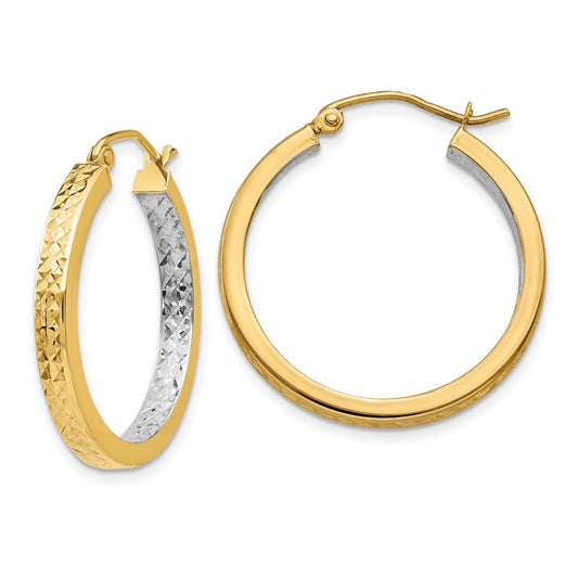 14K Yellow & Rhodium White Light Square Diamond Cut Hoop Earrings