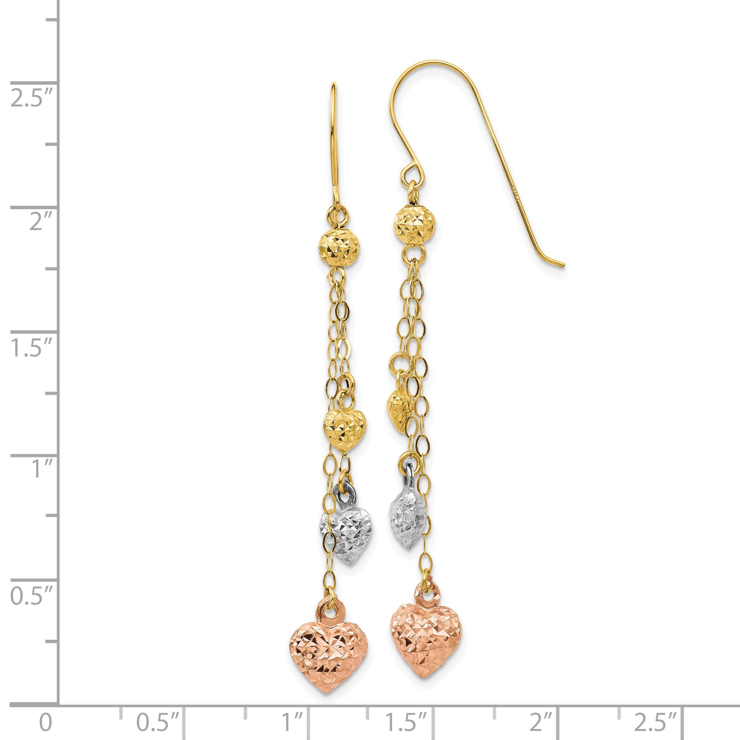 14K Tri-Color Puff Heart Dangle Earrings