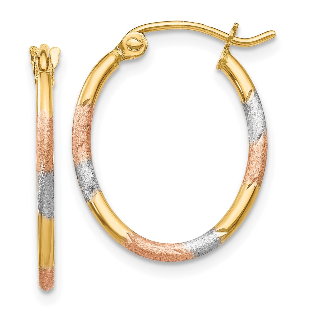14K Yellow & Rhodium W/White And Rose Diamond Cut Hoop Earrings