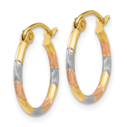 14K Yellow & Rhodium W/White And Rose 1.5mm Satin D/C Hoop Earrings