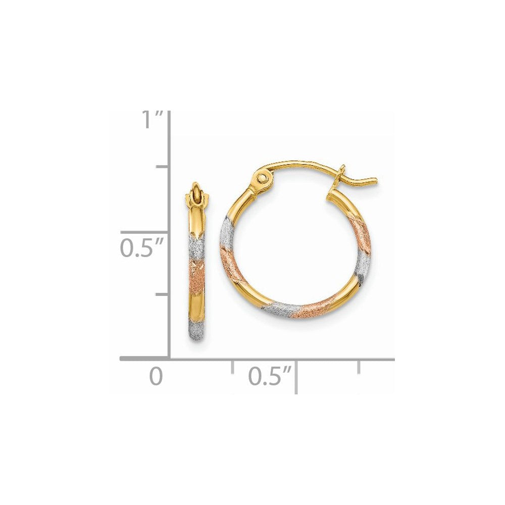 14K Yellow & Rhodium W/White And Rose 1.5mm Satin D/C Hoop Earrings