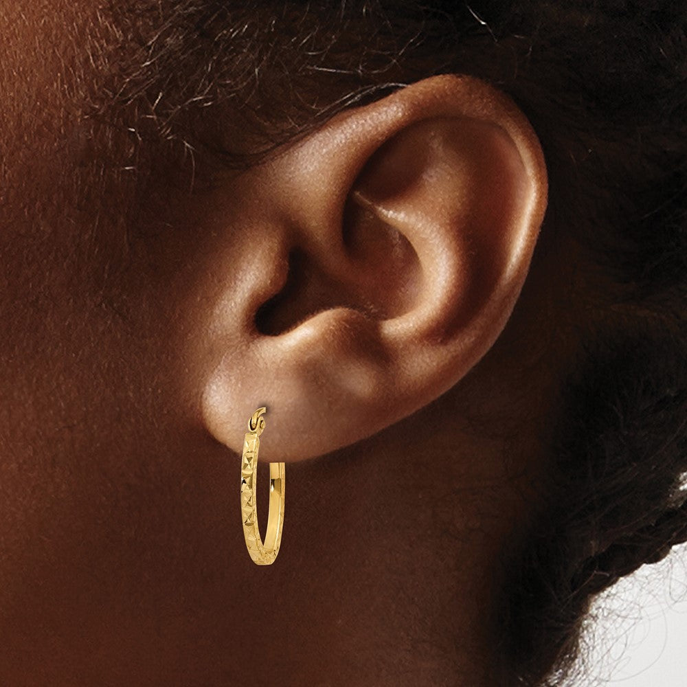 14K Yellow Gold Diamond Cut Oval Hollow Hoop Earrings