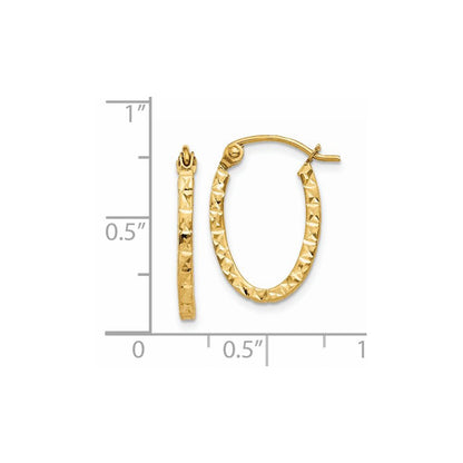 14K Yellow Gold Diamond Cut Oval Hollow Hoop Earrings