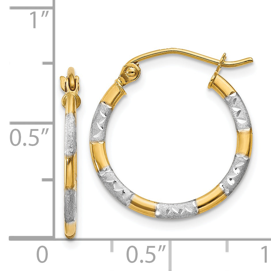 14K Yellow & Rhodium W/White Diamond Cut Hoop Earrings
