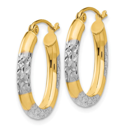 14K Yellow & Rhodium 3mm Diamond Cut Oval Hollow Hoop Earrings