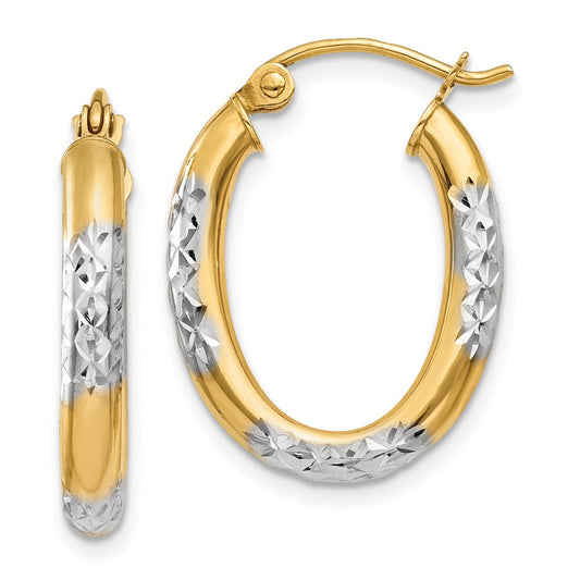 14K Yellow & Rhodium 3mm Diamond Cut Oval Hollow Hoop Earrings