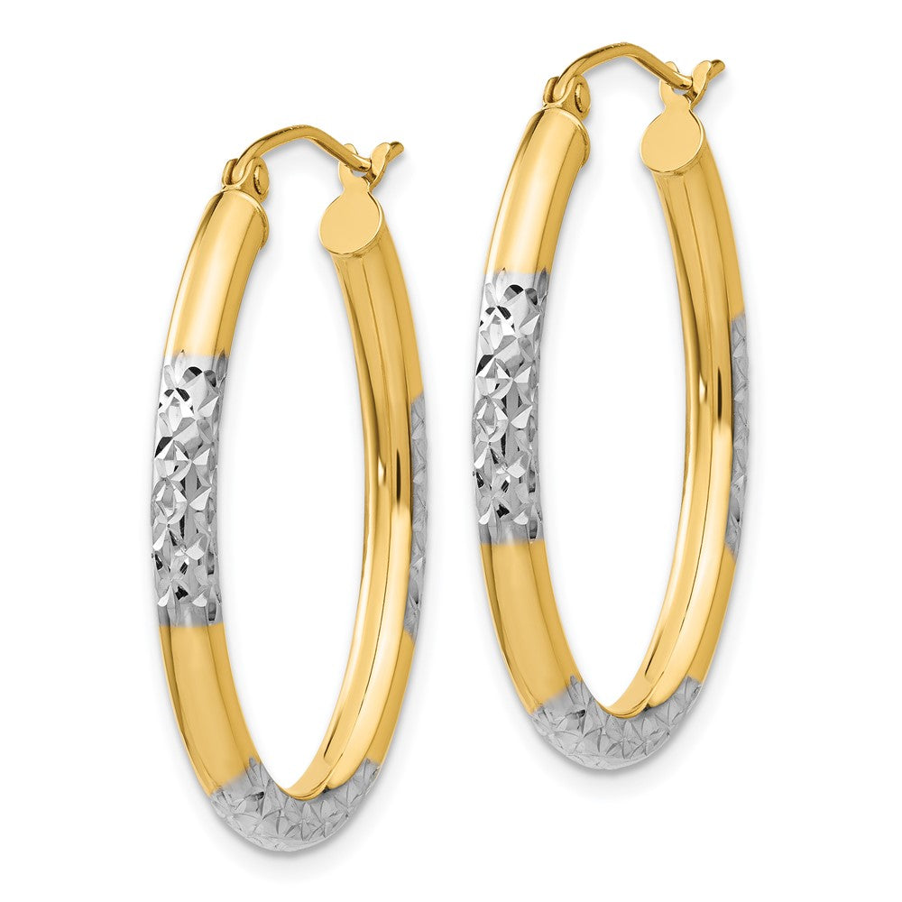 14K Yellow & Rhodium W/ White 3mm Diamond Cut Oval Hollow Hoop Earrings