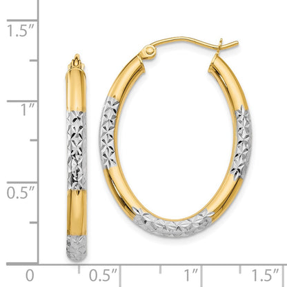 14K Yellow & Rhodium W/ White 3mm Diamond Cut Oval Hollow Hoop Earrings