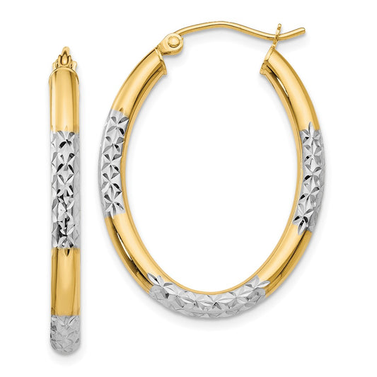 14K Yellow & Rhodium W/ White 3mm Diamond Cut Oval Hollow Hoop Earrings