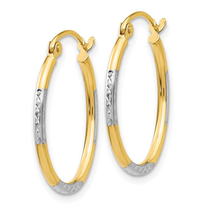 14K Yellow & Rhodium W/White Diamond Cut Oval Hoop Earrings