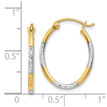 14K Yellow & Rhodium W/White Diamond Cut Oval Hoop Earrings