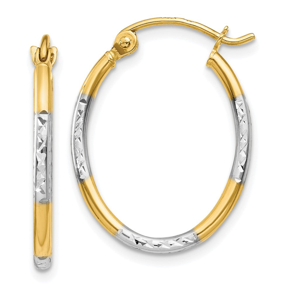 14K Yellow & Rhodium W/White Diamond Cut Oval Hoop Earrings