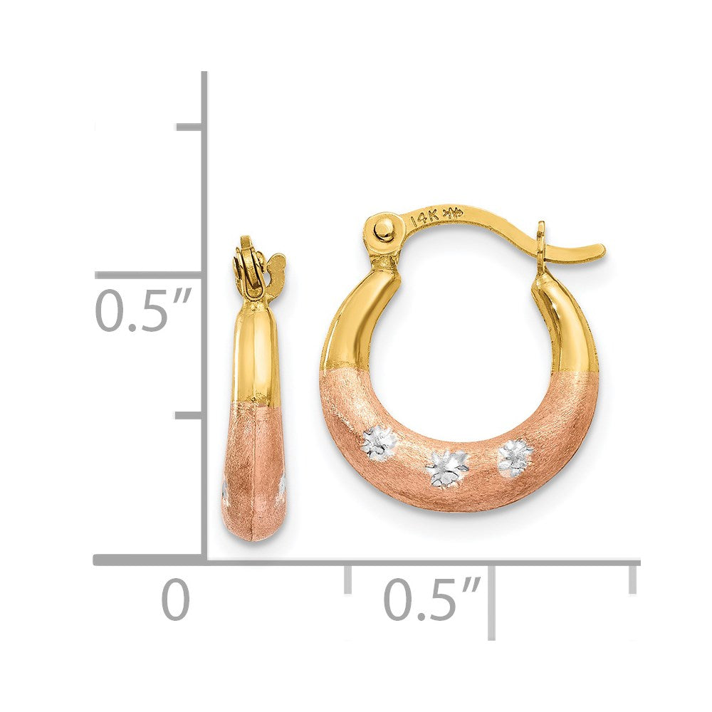 14K Yellow & Rhodium White And Rose Flower Hoop Earrings