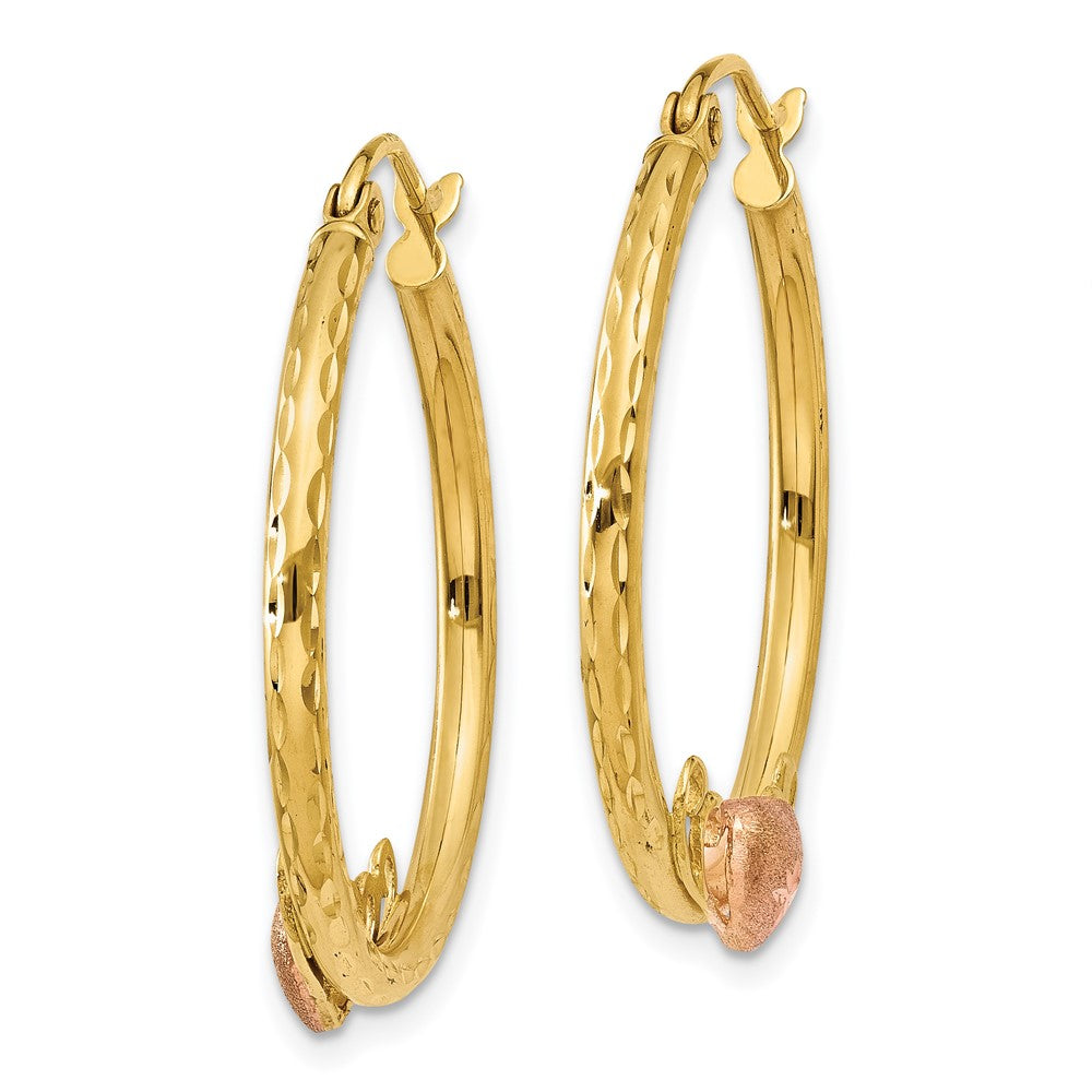 14K Two-Tone & Rose Heart D/C Hoop Earrings