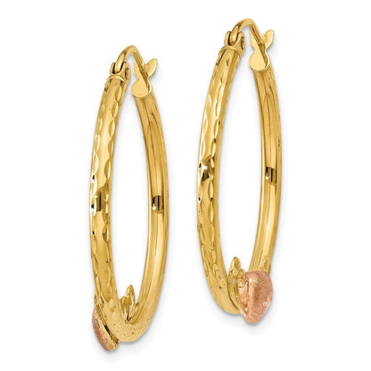 14K Two-Tone & Rose Heart D/C Hoop Earrings