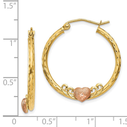 14K Two-Tone & Rose Heart D/C Hoop Earrings