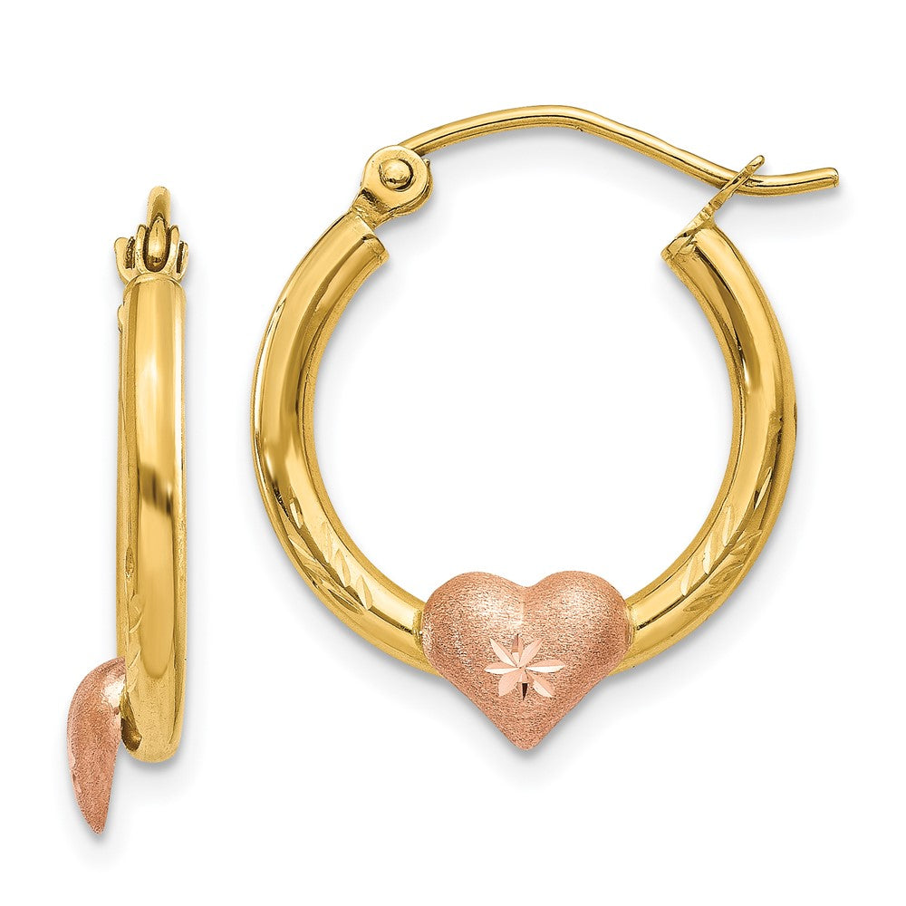 14K Two-Tone Yellow & Rose Gold Heart D/C Hoop Earrings