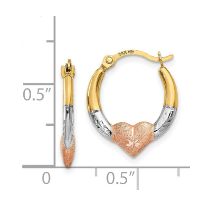 14K Yellow & Rhodium White And Rose Heart Hoop Earrings