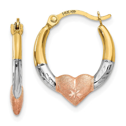 14K Yellow & Rhodium White And Rose Heart Hoop Earrings