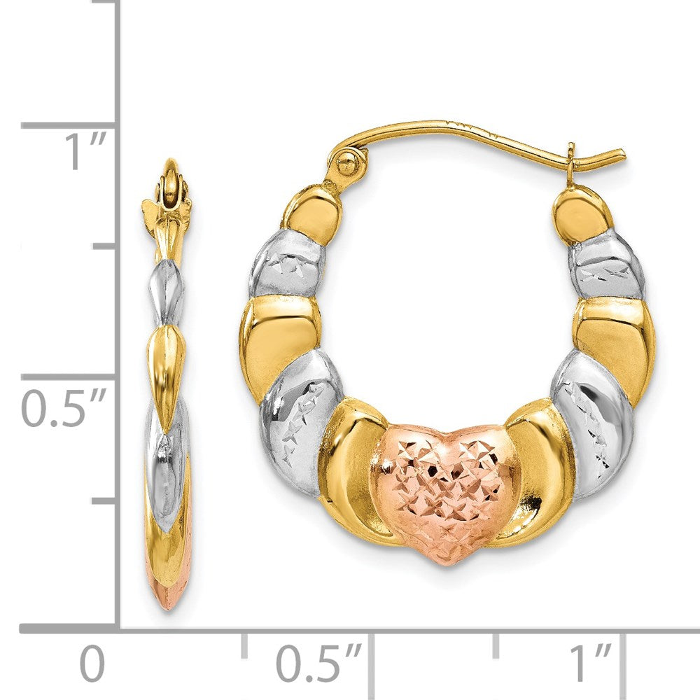 14K Yellow & Rhodium White And Rose Scalloped Heart Hoop Earrings