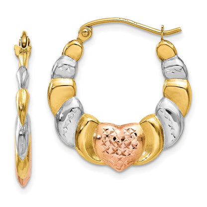 14K Yellow & Rhodium White And Rose Scalloped Heart Hoop Earrings