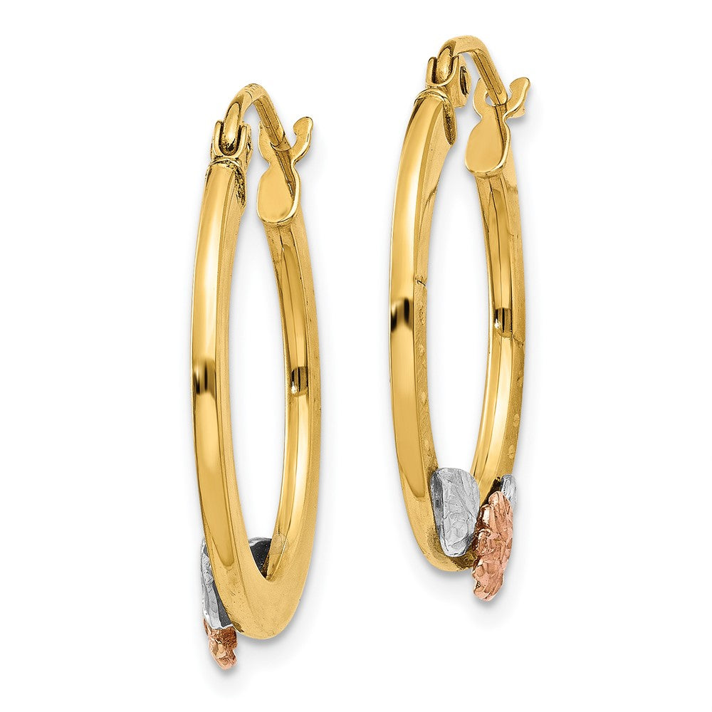 14K Two-Tone Yellow & Rose Gold W/ Rhodium Diamond Cut Flower Hoop Earrings