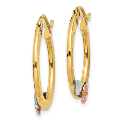 14K Two-Tone Yellow & Rose Gold W/ Rhodium Diamond Cut Flower Hoop Earrings