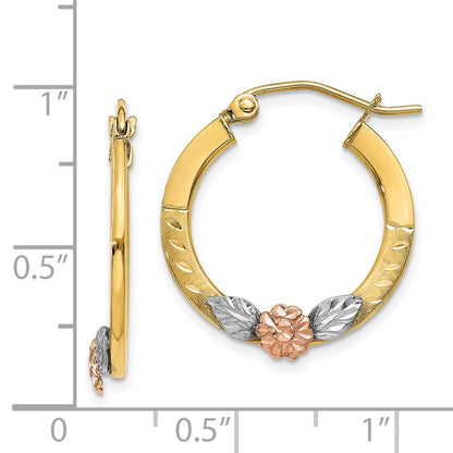 14K Two-Tone Yellow & Rose Gold W/ Rhodium Diamond Cut Flower Hoop Earrings
