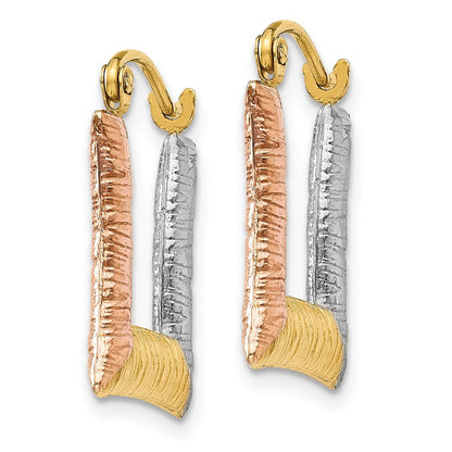 14K Yellow & Rhodium White Rose Hollow Textured Square Hoop Earrings