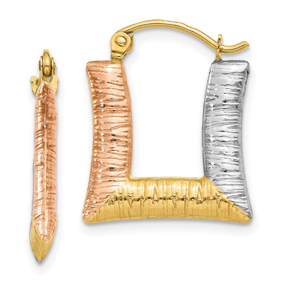 14K Yellow & Rhodium White Rose Hollow Textured Square Hoop Earrings