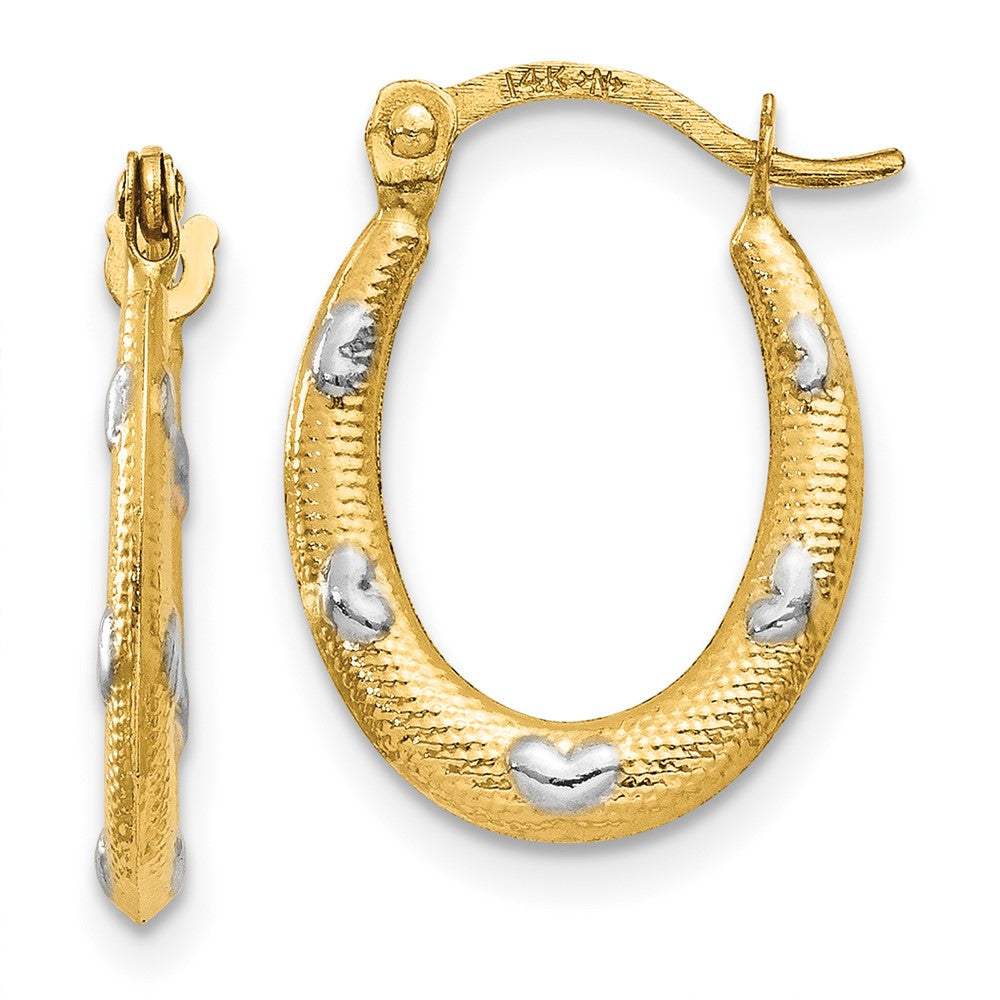 14K Yellow & Rhodium Textured Hollow Oval W/ Hearts Hoop Earrings