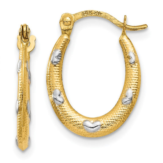14K Yellow & Rhodium Textured Hollow Oval W/ Hearts Hoop Earrings