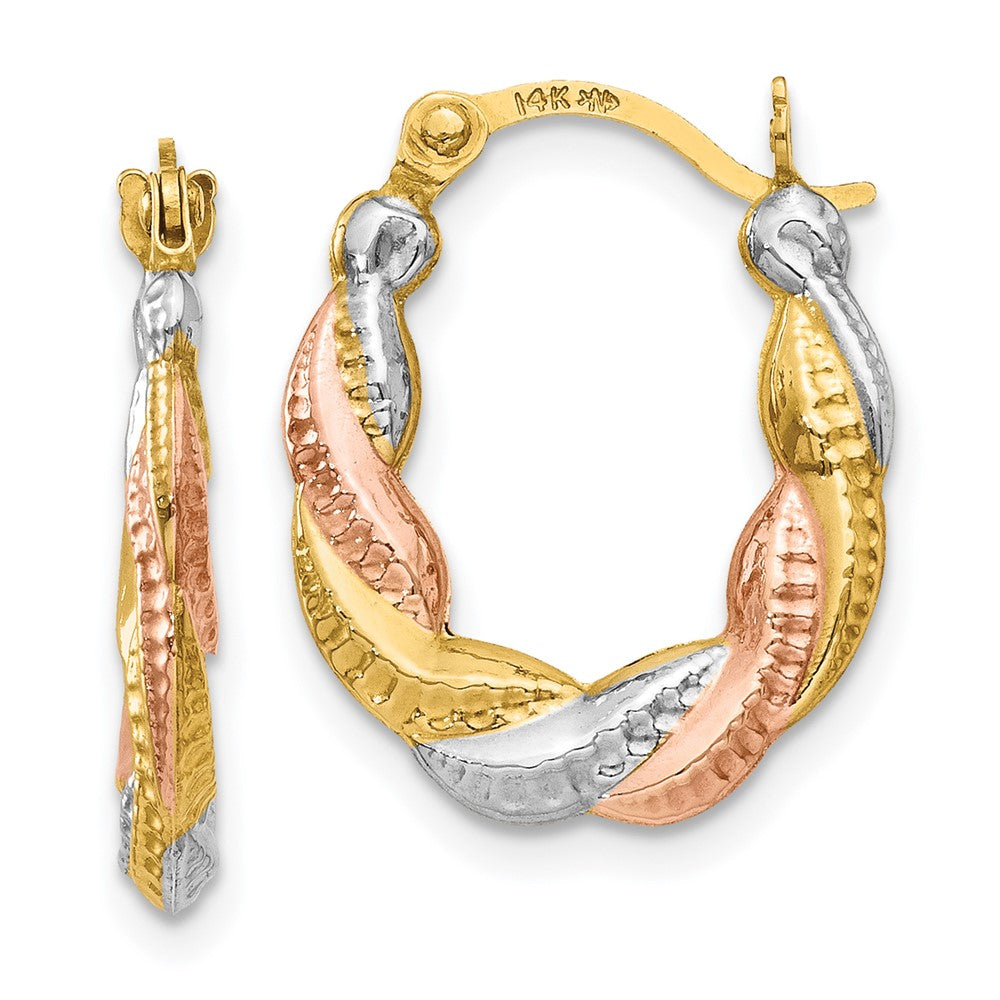 14K Yellow & Rhodium White And Rose Hollow Scalloped Hoop Earrings