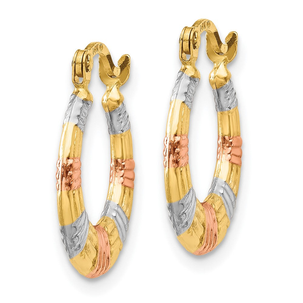14K Yellow & Rhodium White And Rose Hollow Textured Hoop Earrings