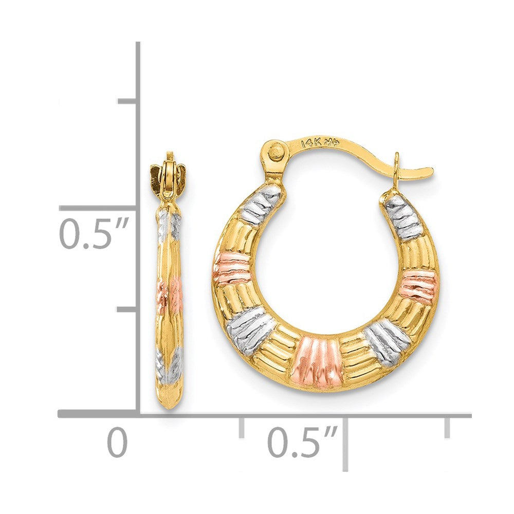 14K Yellow & Rhodium White And Rose Hollow Textured Hoop Earrings