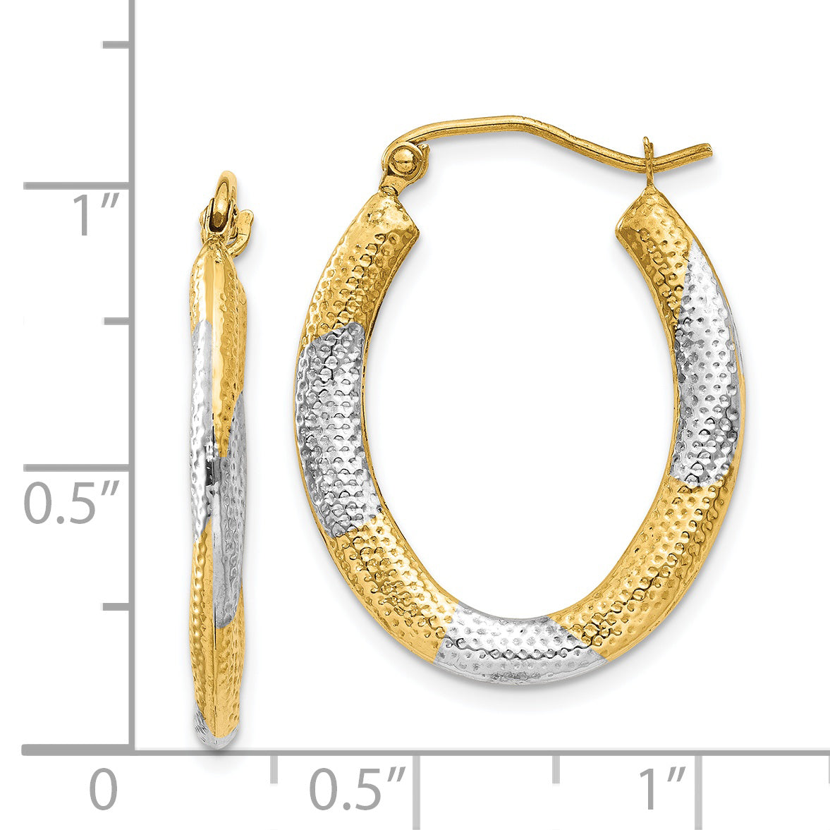 14K Yellow & Rhodium Textured Hollow Oval Hoop Earrings