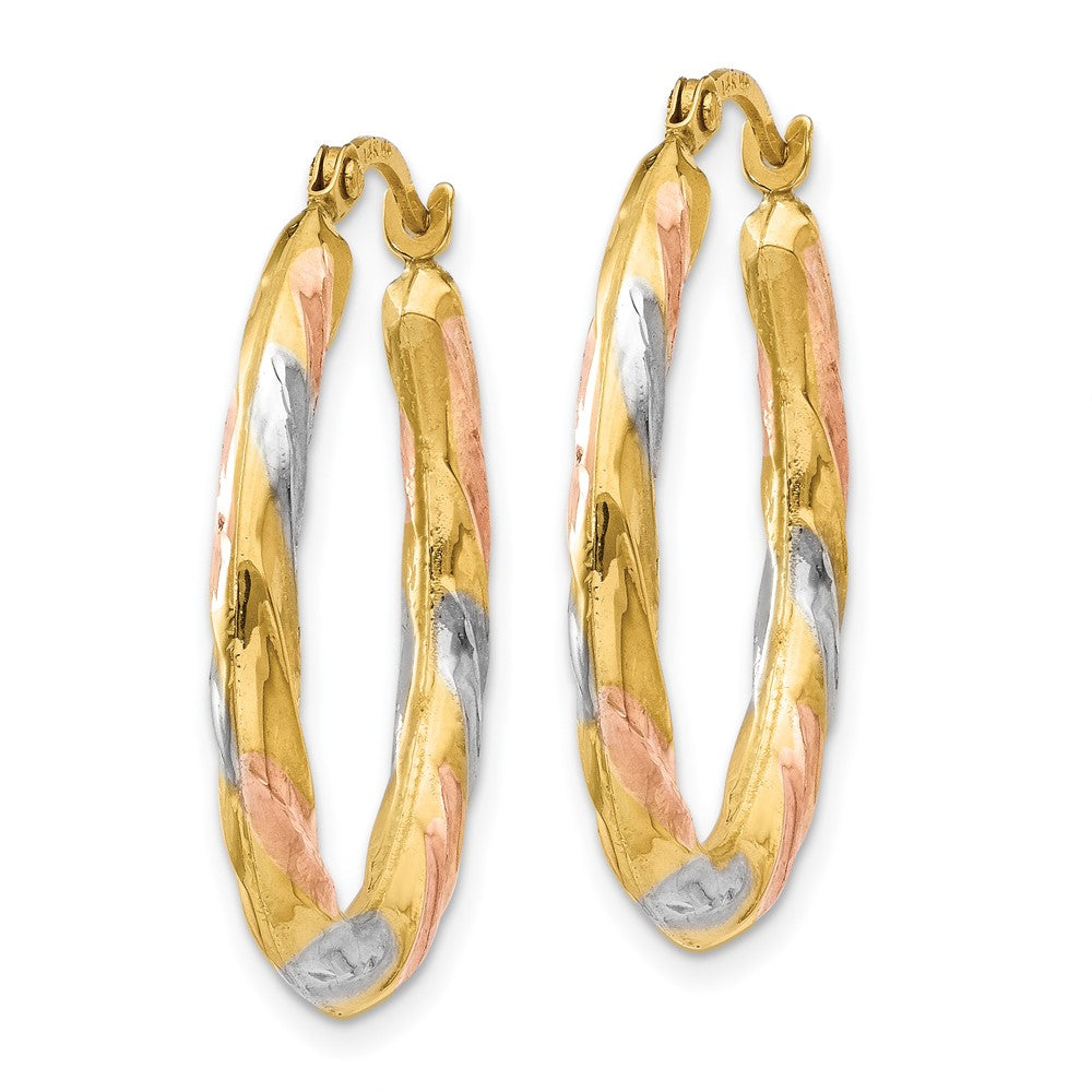 14K Yellow & Rhodium White Rose Oval Hollow Scallop Hoop Earrings