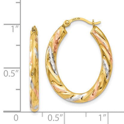 14K Yellow & Rhodium White Rose Oval Hollow Scallop Hoop Earrings