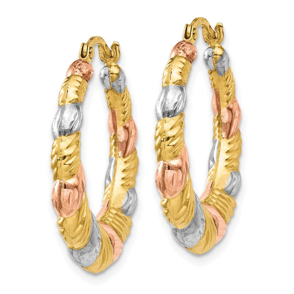 14K Yellow & Rhodium White And Rose Hollow Scalloped Hoop Earrings