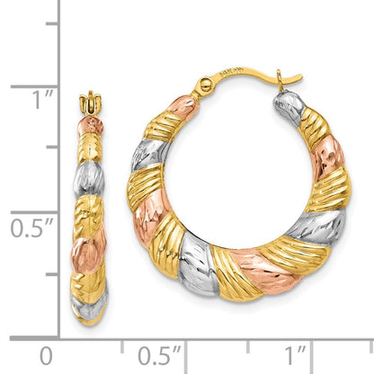 14K Yellow & Rhodium White And Rose Hollow Scalloped Hoop Earrings