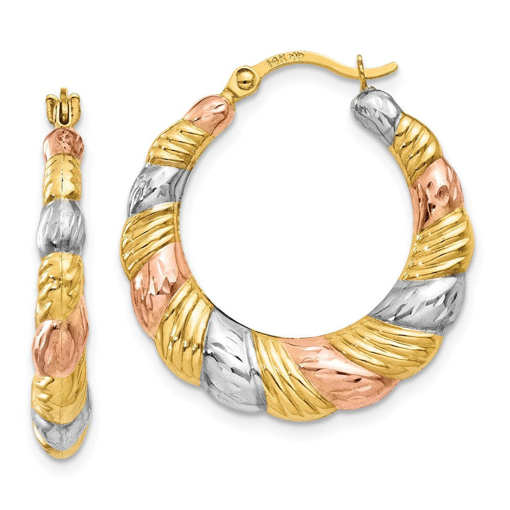 14K Yellow & Rhodium White And Rose Hollow Scalloped Hoop Earrings