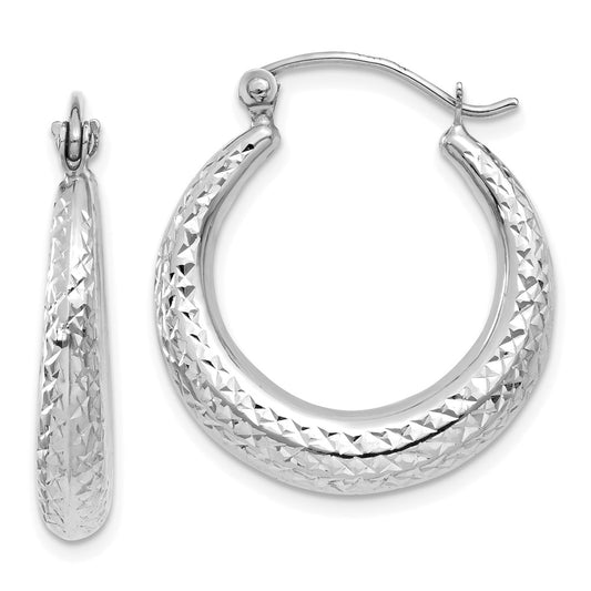 14K White Gold Diamond Cut Hollow Hoop Earrings