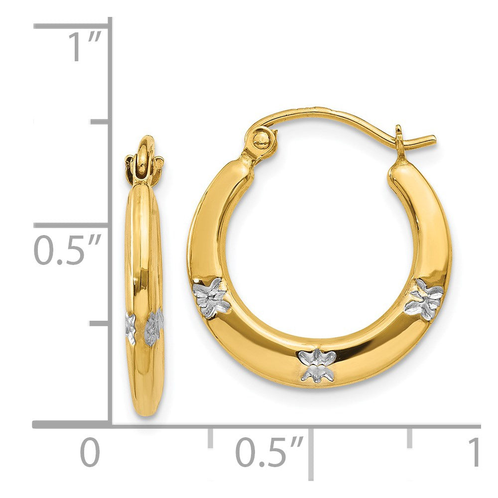 14K Yellow & Rhodium Flowers Hollow Hoop Earrings