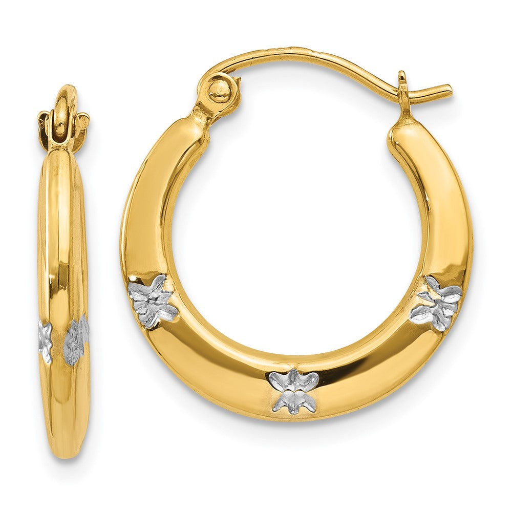 14K Yellow & Rhodium Flowers Hollow Hoop Earrings