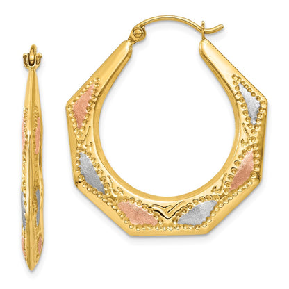 14K Yellow & Rhodium White And Rose Hollow Hoop Earrings